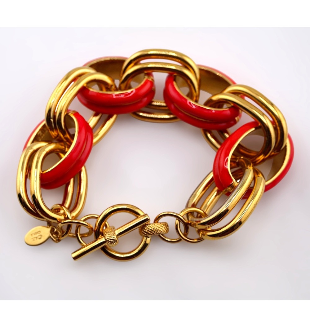 Kenneth Jay Lane KJL Red Enamel Gold Chunky Chain Link Toggle Bracelet Vintage